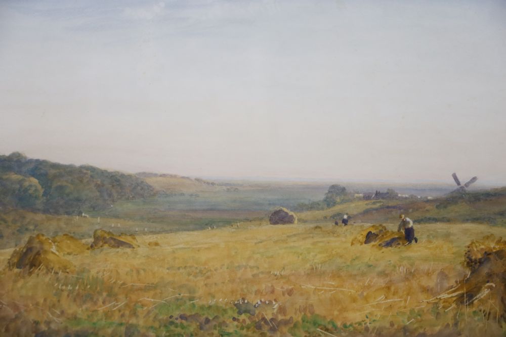 Robert Thorne Waite (1842-1935), watercolour, Harvesters in a Sussex landscape, 33 x 50cm